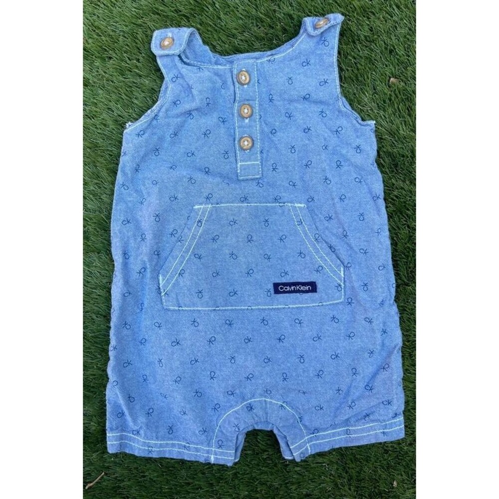 Calvin Klein Baby Denim Romper Dungarees Monogram Print Blue 6-9 months